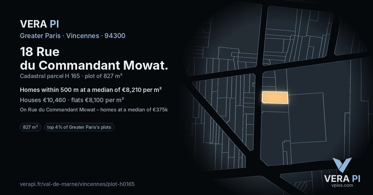 18 Rue du Commandant Mowat, Vincennes at night – the plot lit, the parcels around coloured by the prices near them