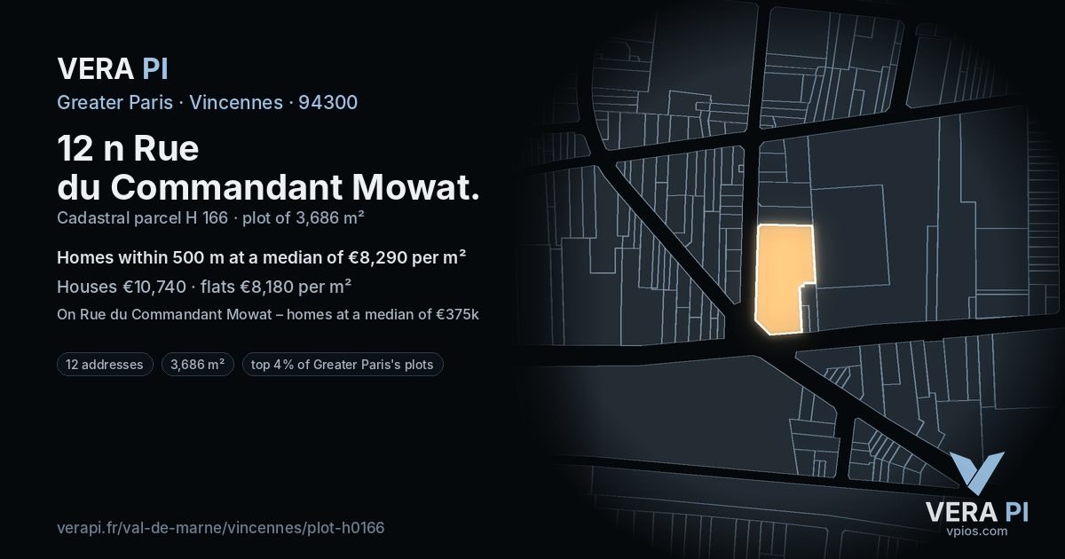 12 n Rue du Commandant Mowat, Vincennes at night – the plot lit, the parcels around coloured by the prices near them