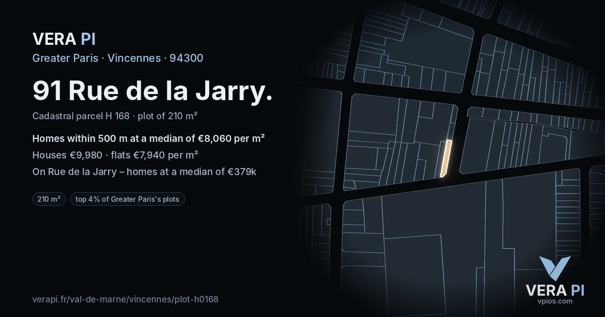 91 Rue de la Jarry, Vincennes at night – the plot lit, the parcels around coloured by the prices near them