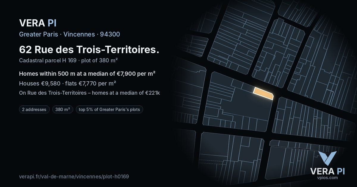 62 Rue des Trois-Territoires, Vincennes at night – the plot lit, the parcels around coloured by the prices near them