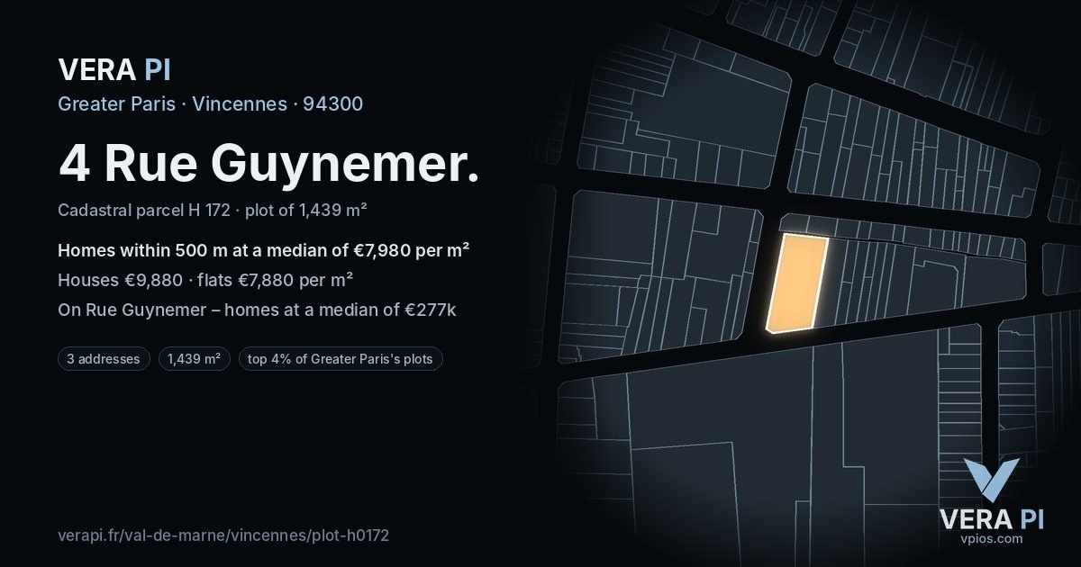 4 Rue Guynemer, Vincennes at night – the plot lit, the parcels around coloured by the prices near them