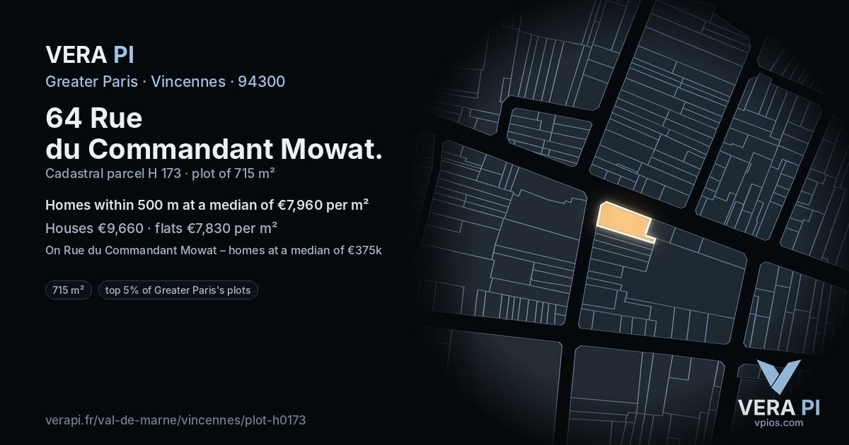 64 Rue du Commandant Mowat, Vincennes at night – the plot lit, the parcels around coloured by the prices near them