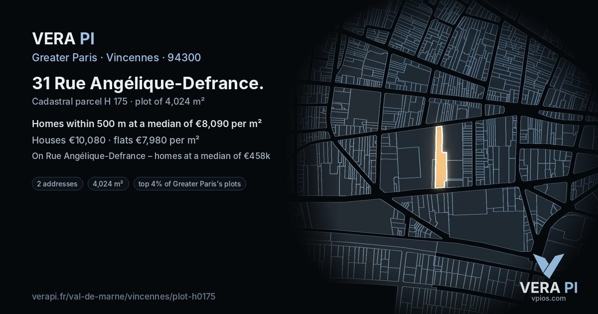 31 Rue Angélique-Defrance, Vincennes at night – the plot lit, the parcels around coloured by the prices near them