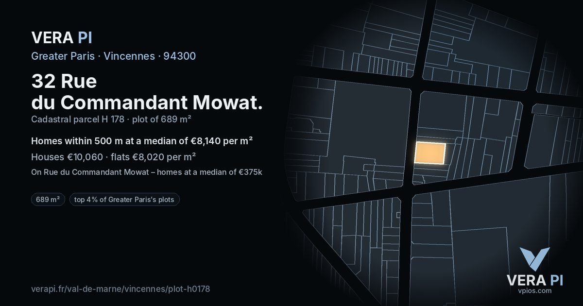 32 Rue du Commandant Mowat, Vincennes at night – the plot lit, the parcels around coloured by the prices near them