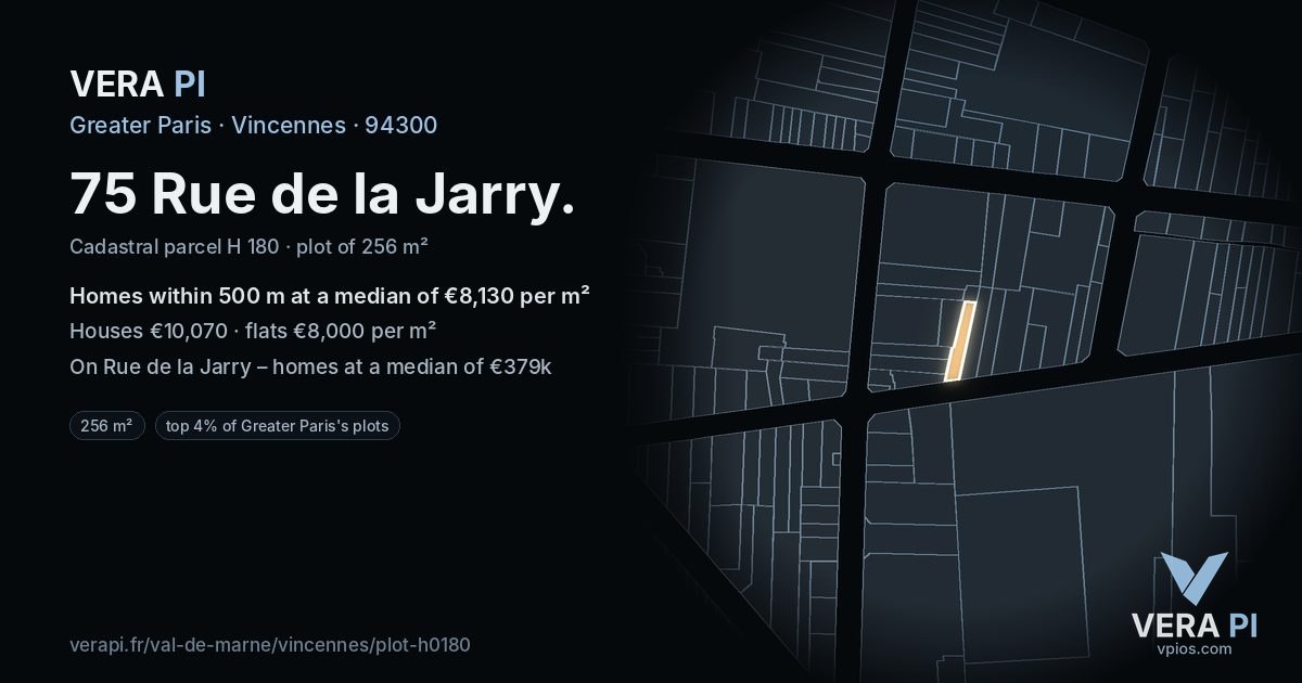 75 Rue de la Jarry, Vincennes at night – the plot lit, the parcels around coloured by the prices near them