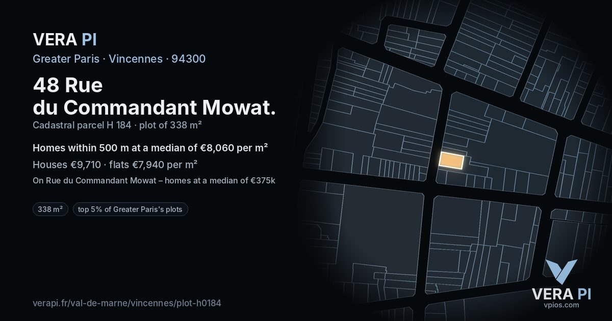 48 Rue du Commandant Mowat, Vincennes at night – the plot lit, the parcels around coloured by the prices near them
