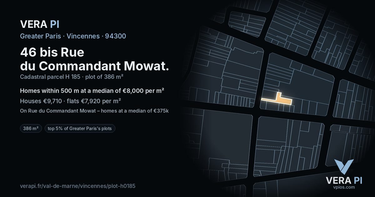 46 bis Rue du Commandant Mowat, Vincennes at night – the plot lit, the parcels around coloured by the prices near them