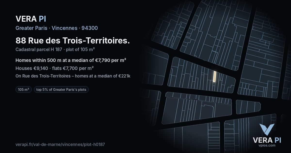 88 Rue des Trois-Territoires, Vincennes at night – the plot lit, the parcels around coloured by the prices near them
