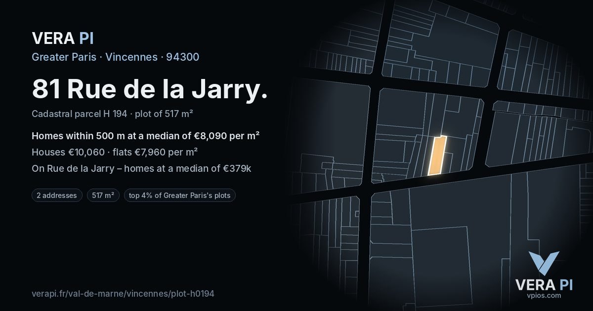 81 Rue de la Jarry, Vincennes at night – the plot lit, the parcels around coloured by the prices near them