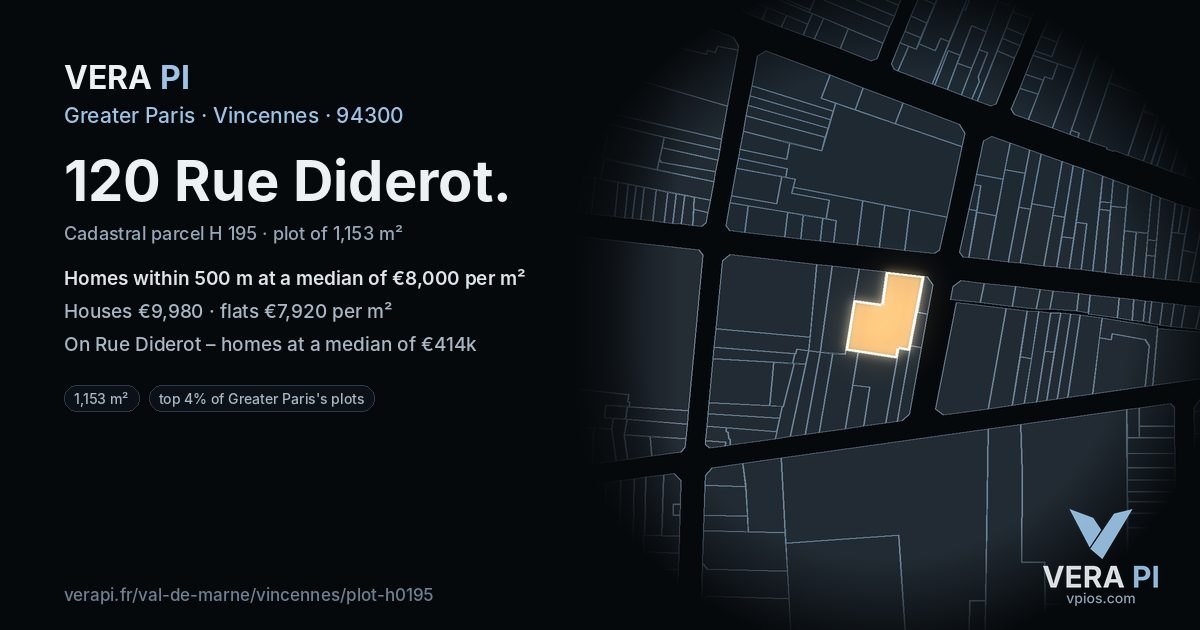 120 Rue Diderot, Vincennes at night – the plot lit, the parcels around coloured by the prices near them
