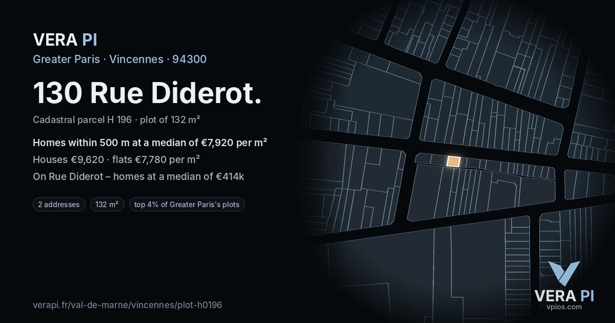 130 Rue Diderot, Vincennes at night – the plot lit, the parcels around coloured by the prices near them