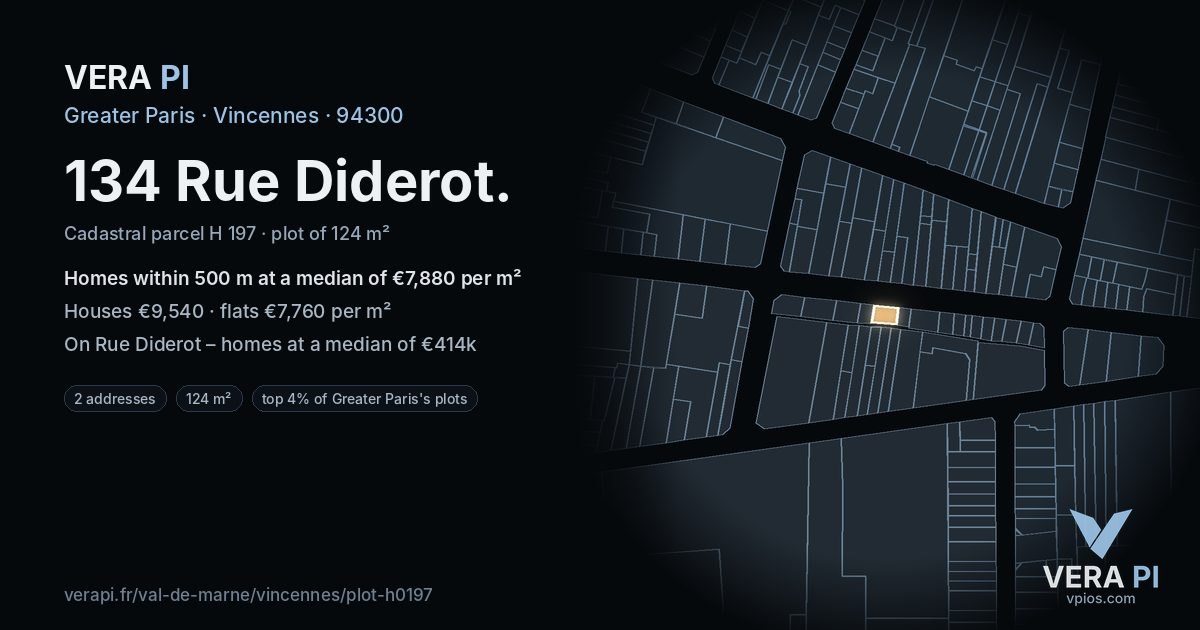 134 Rue Diderot, Vincennes at night – the plot lit, the parcels around coloured by the prices near them