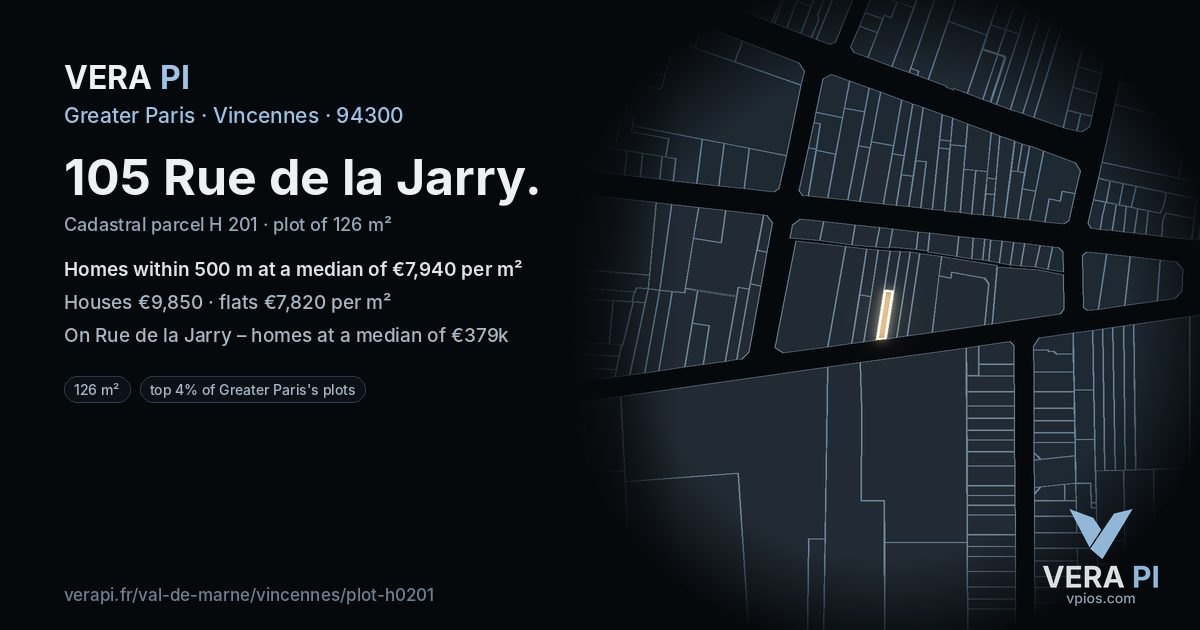 105 Rue de la Jarry, Vincennes at night – the plot lit, the parcels around coloured by the prices near them