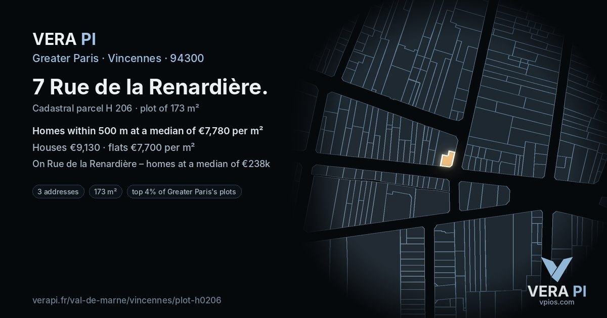 7 Rue de la Renardière, Vincennes at night – the plot lit, the parcels around coloured by the prices near them