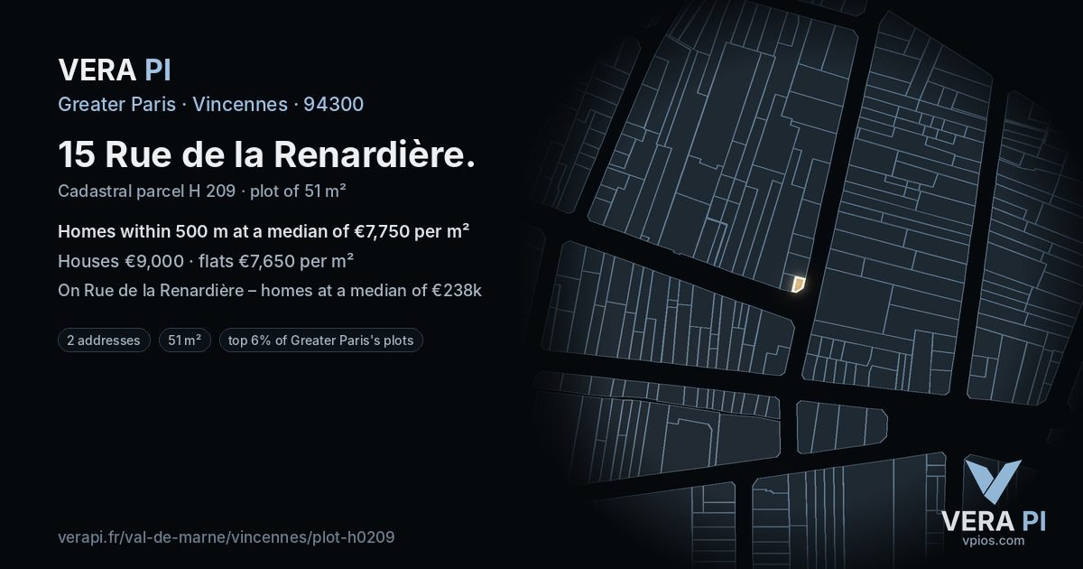 15 Rue de la Renardière, Vincennes at night – the plot lit, the parcels around coloured by the prices near them