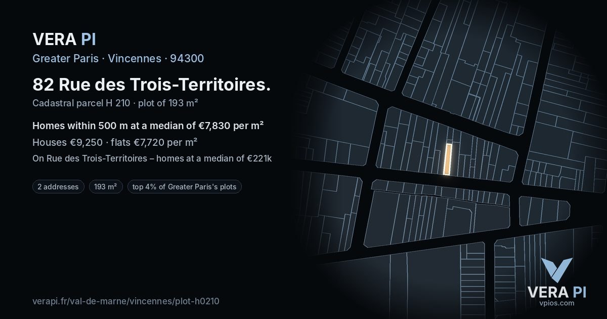 82 Rue des Trois-Territoires, Vincennes at night – the plot lit, the parcels around coloured by the prices near them
