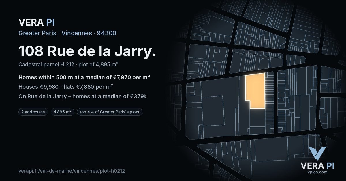 108 Rue de la Jarry, Vincennes at night – the plot lit, the parcels around coloured by the prices near them