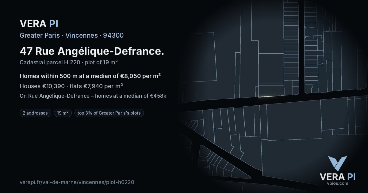 47 Rue Angélique-Defrance, Vincennes at night – the plot lit, the parcels around coloured by the prices near them
