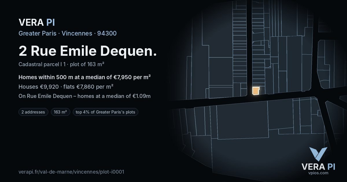 2 Rue Emile Dequen, Vincennes at night – the plot lit, the parcels around coloured by the prices near them