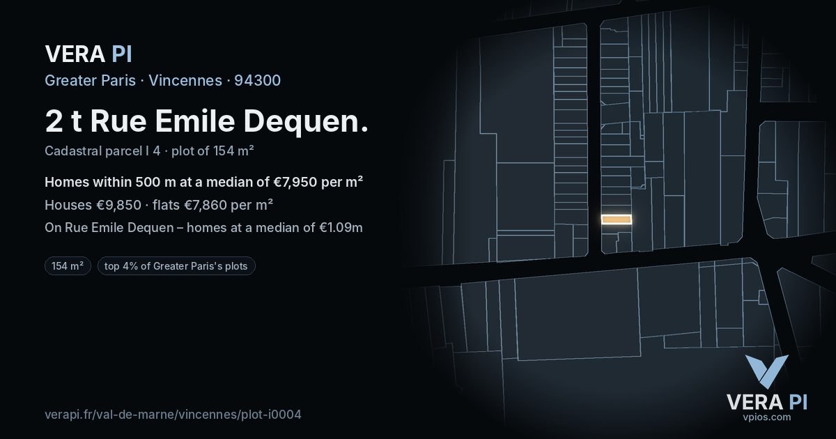 2 t Rue Emile Dequen, Vincennes at night – the plot lit, the parcels around coloured by the prices near them