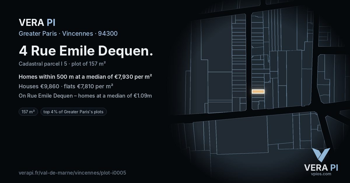 4 Rue Emile Dequen, Vincennes at night – the plot lit, the parcels around coloured by the prices near them