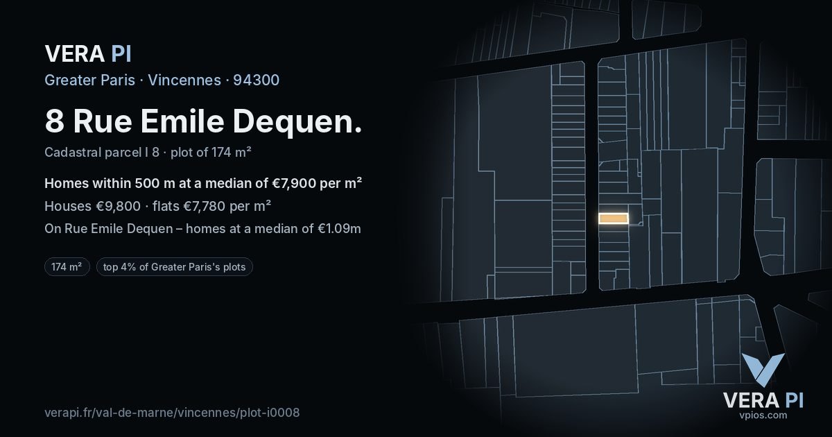 8 Rue Emile Dequen, Vincennes at night – the plot lit, the parcels around coloured by the prices near them