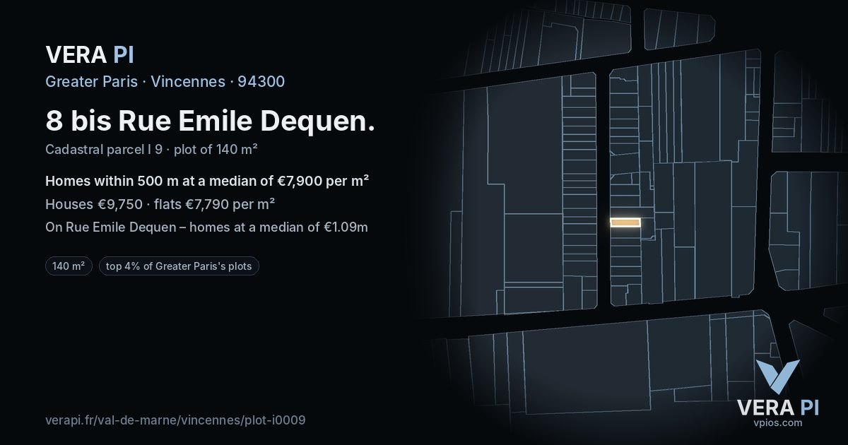 8 bis Rue Emile Dequen, Vincennes at night – the plot lit, the parcels around coloured by the prices near them
