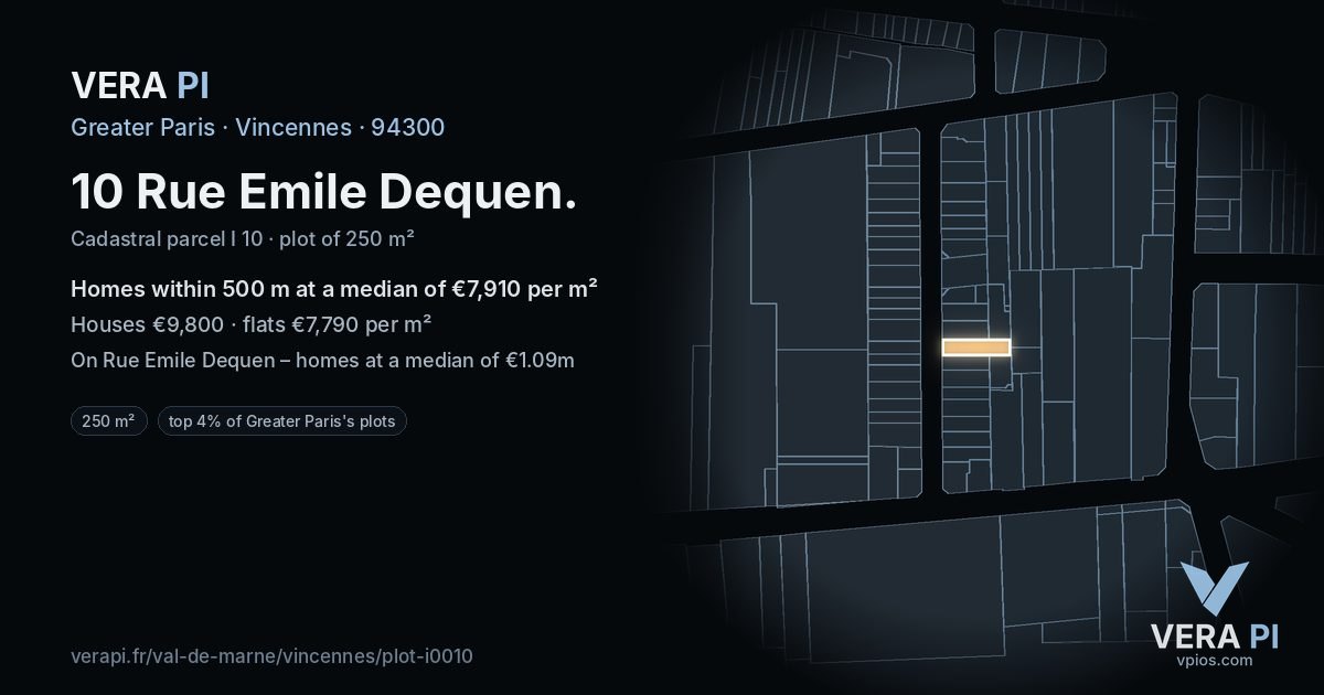 10 Rue Emile Dequen, Vincennes at night – the plot lit, the parcels around coloured by the prices near them