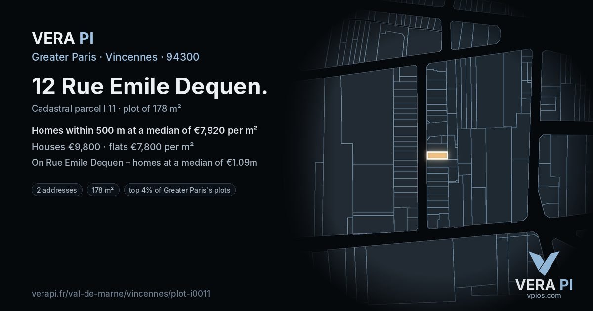 12 Rue Emile Dequen, Vincennes at night – the plot lit, the parcels around coloured by the prices near them