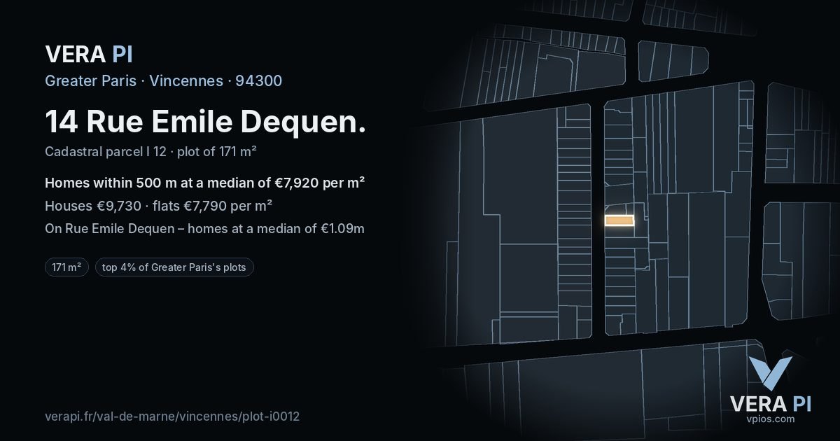 14 Rue Emile Dequen, Vincennes at night – the plot lit, the parcels around coloured by the prices near them