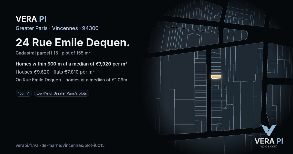 24 Rue Emile Dequen, Vincennes at night – the plot lit, the parcels around coloured by the prices near them