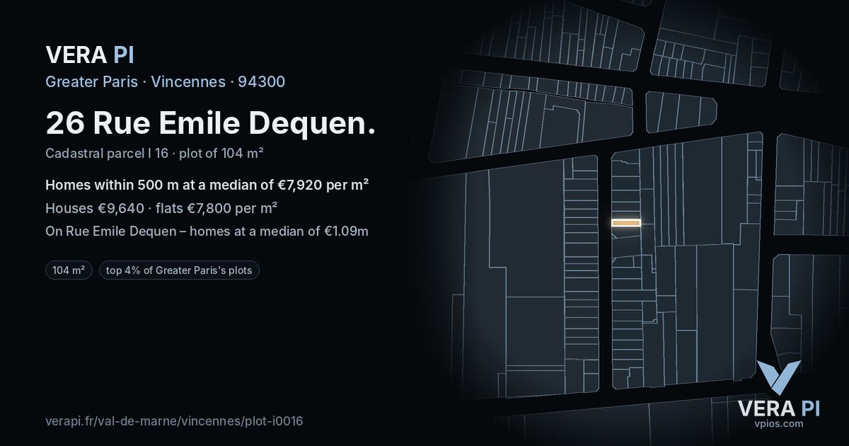26 Rue Emile Dequen, Vincennes at night – the plot lit, the parcels around coloured by the prices near them