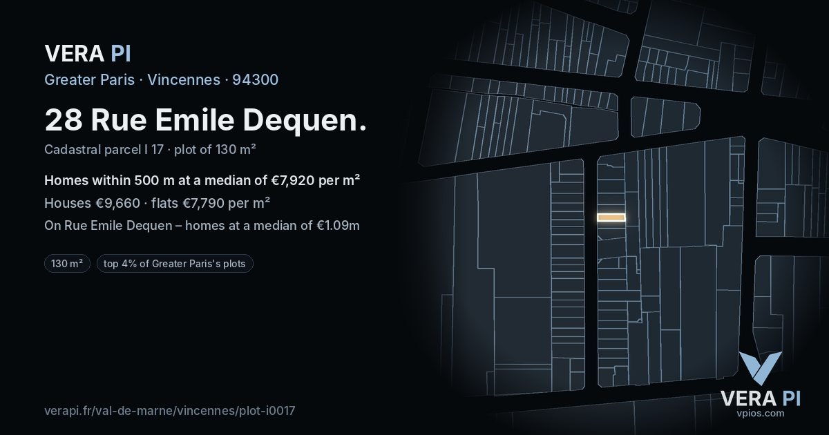 28 Rue Emile Dequen, Vincennes at night – the plot lit, the parcels around coloured by the prices near them