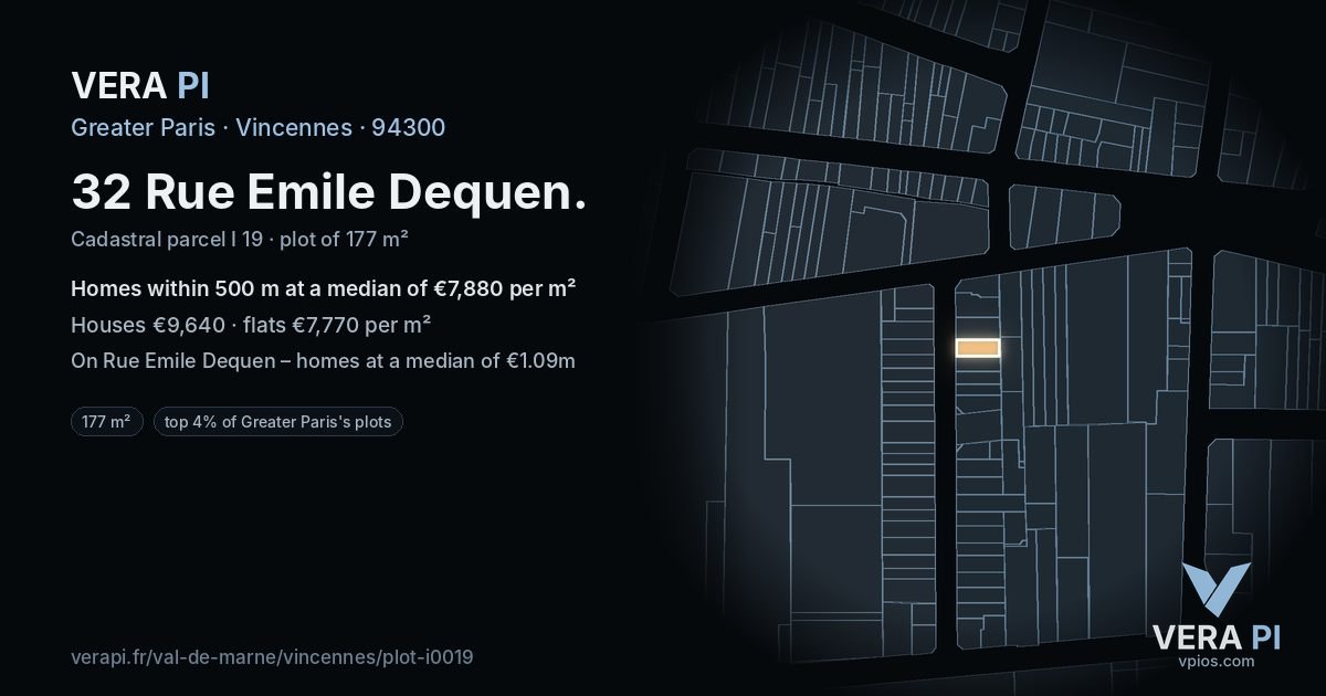 32 Rue Emile Dequen, Vincennes at night – the plot lit, the parcels around coloured by the prices near them