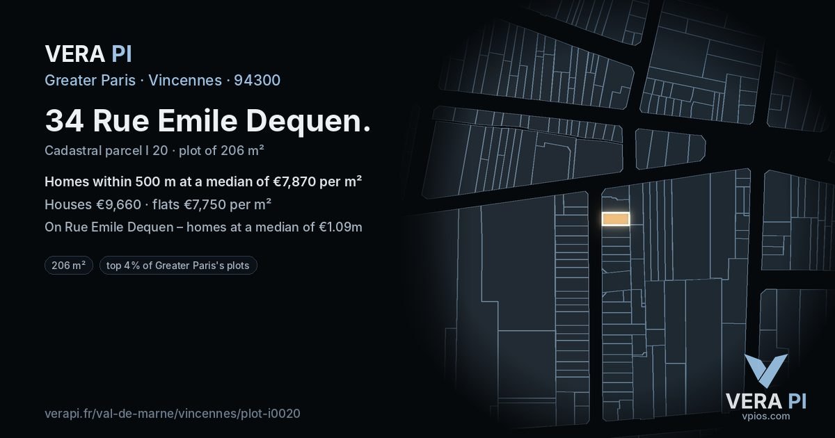 34 Rue Emile Dequen, Vincennes at night – the plot lit, the parcels around coloured by the prices near them