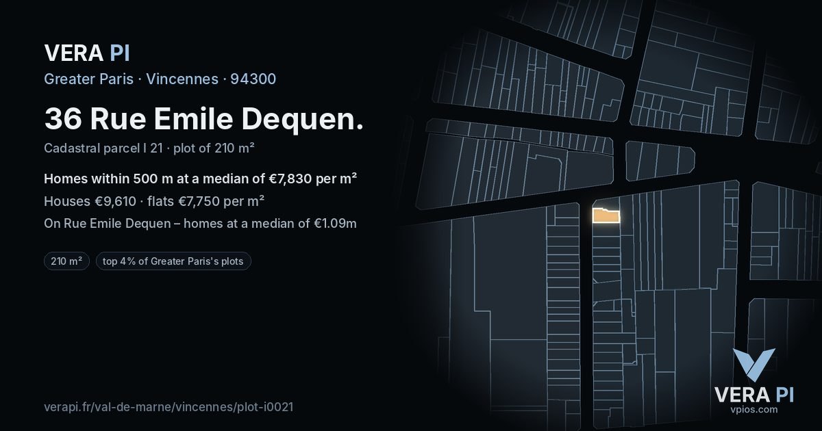 36 Rue Emile Dequen, Vincennes at night – the plot lit, the parcels around coloured by the prices near them