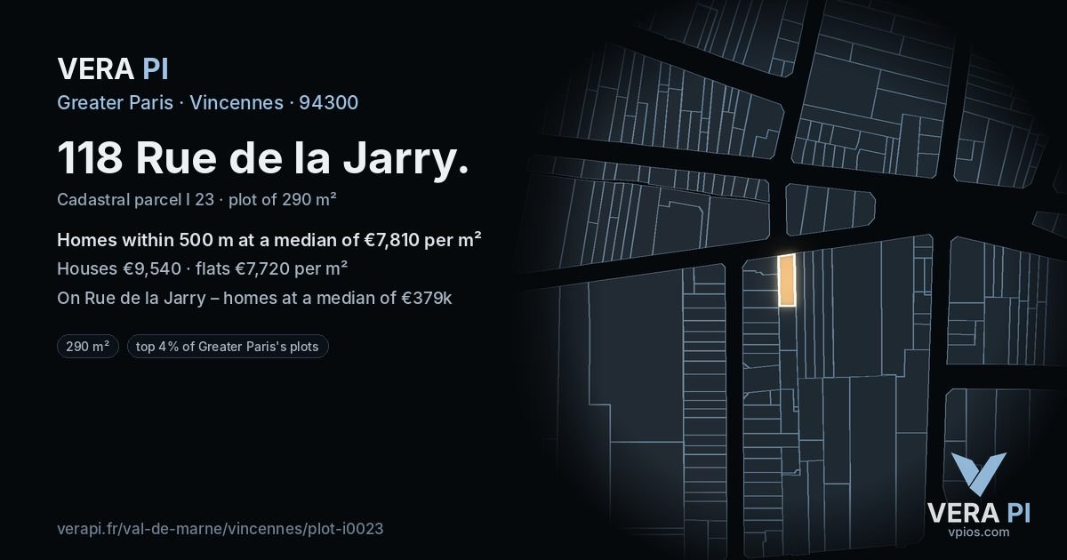 118 Rue de la Jarry, Vincennes at night – the plot lit, the parcels around coloured by the prices near them