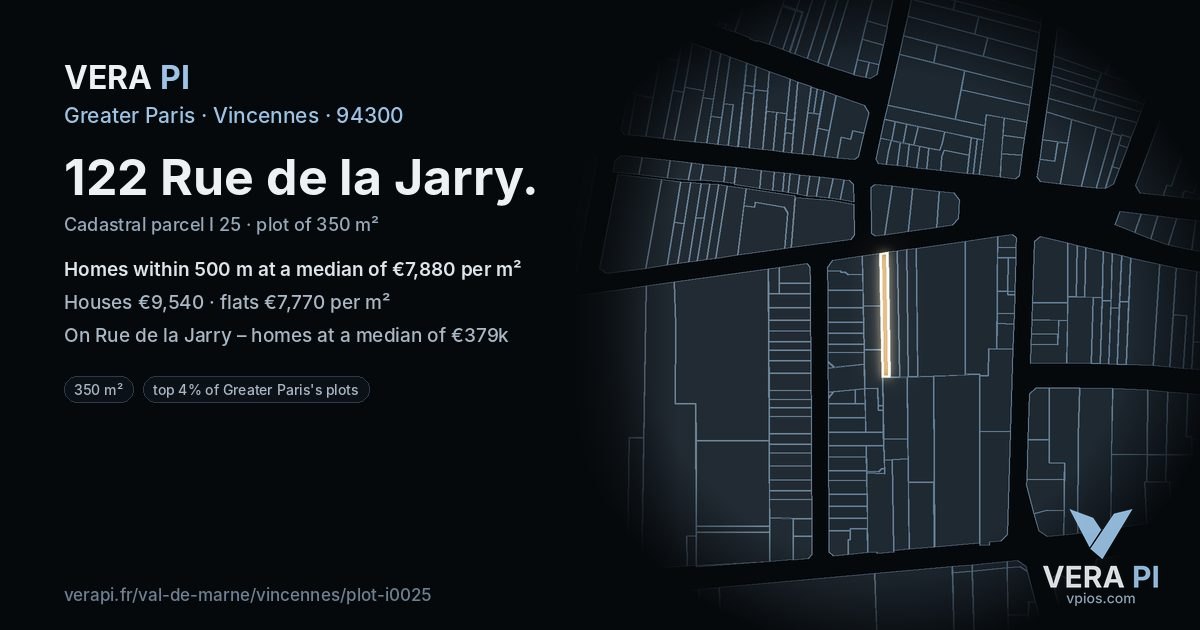 122 Rue de la Jarry, Vincennes at night – the plot lit, the parcels around coloured by the prices near them