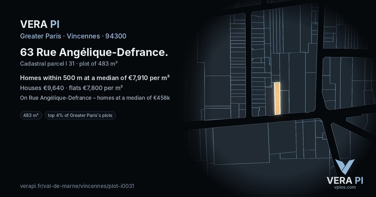 63 Rue Angélique-Defrance, Vincennes at night – the plot lit, the parcels around coloured by the prices near them