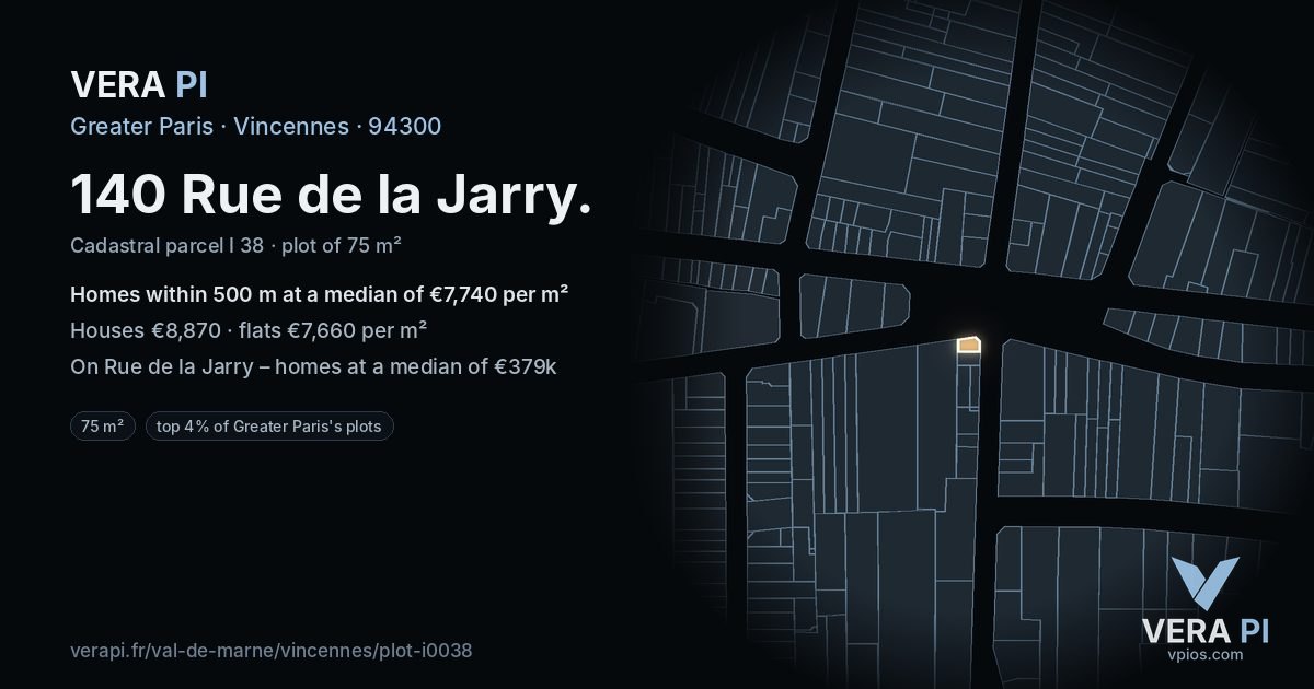 140 Rue de la Jarry, Vincennes at night – the plot lit, the parcels around coloured by the prices near them