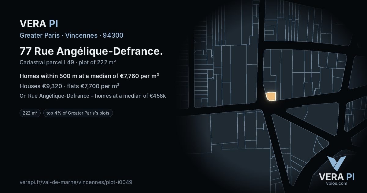 77 Rue Angélique-Defrance, Vincennes at night – the plot lit, the parcels around coloured by the prices near them