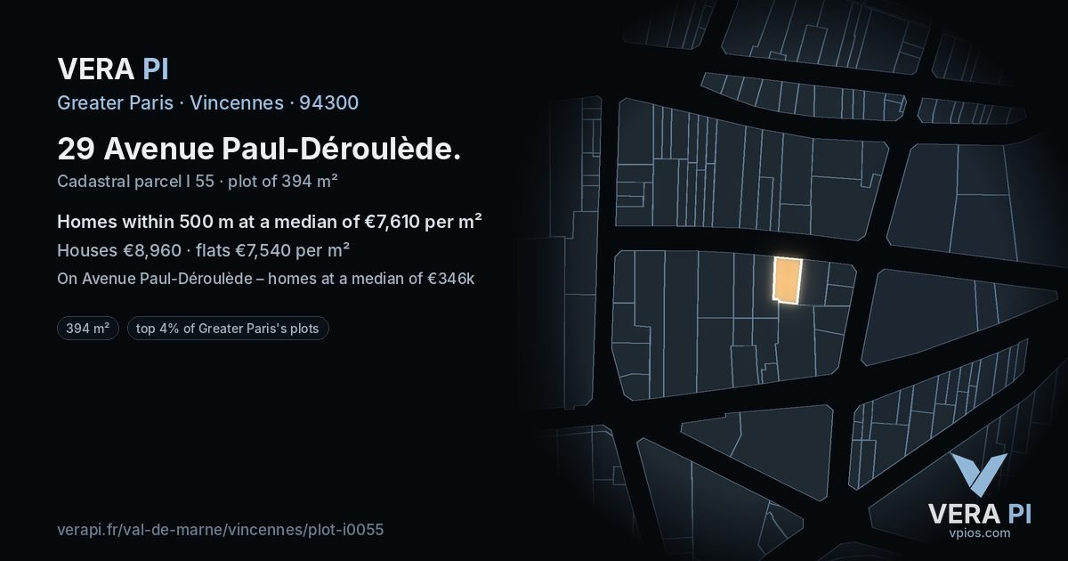 29 Avenue Paul-Déroulède, Vincennes at night – the plot lit, the parcels around coloured by the prices near them