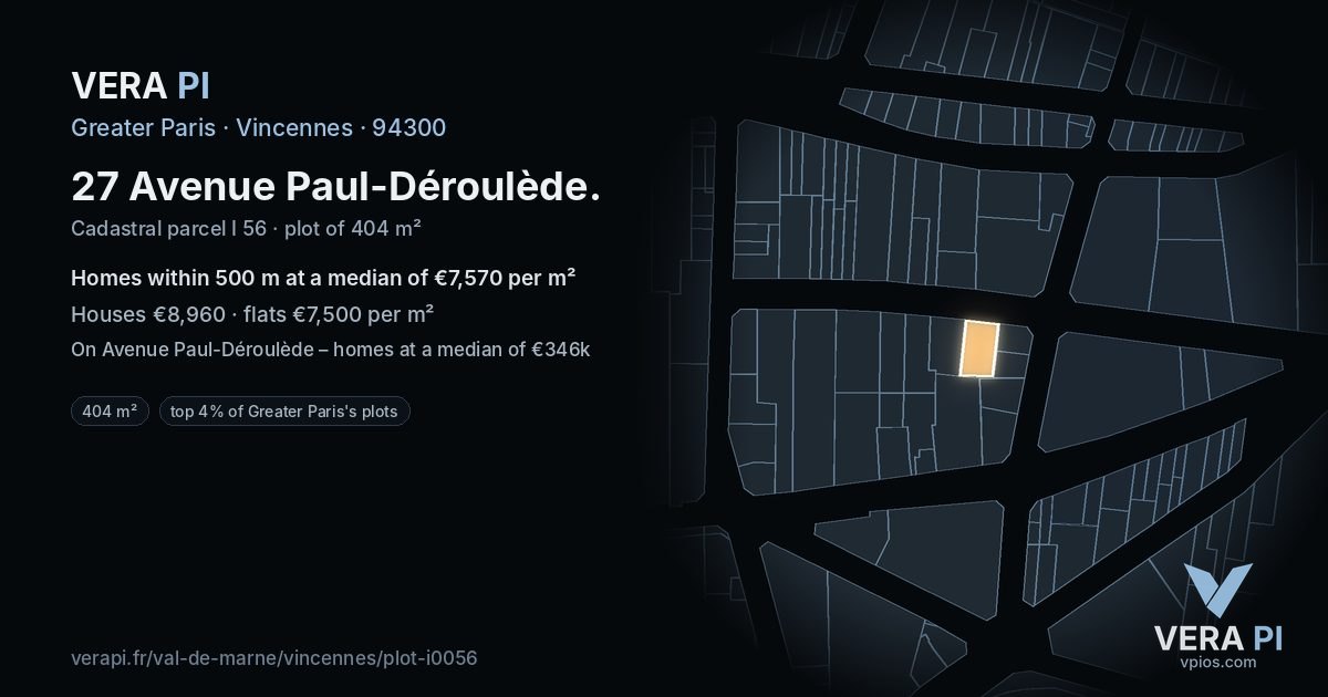 27 Avenue Paul-Déroulède, Vincennes at night – the plot lit, the parcels around coloured by the prices near them