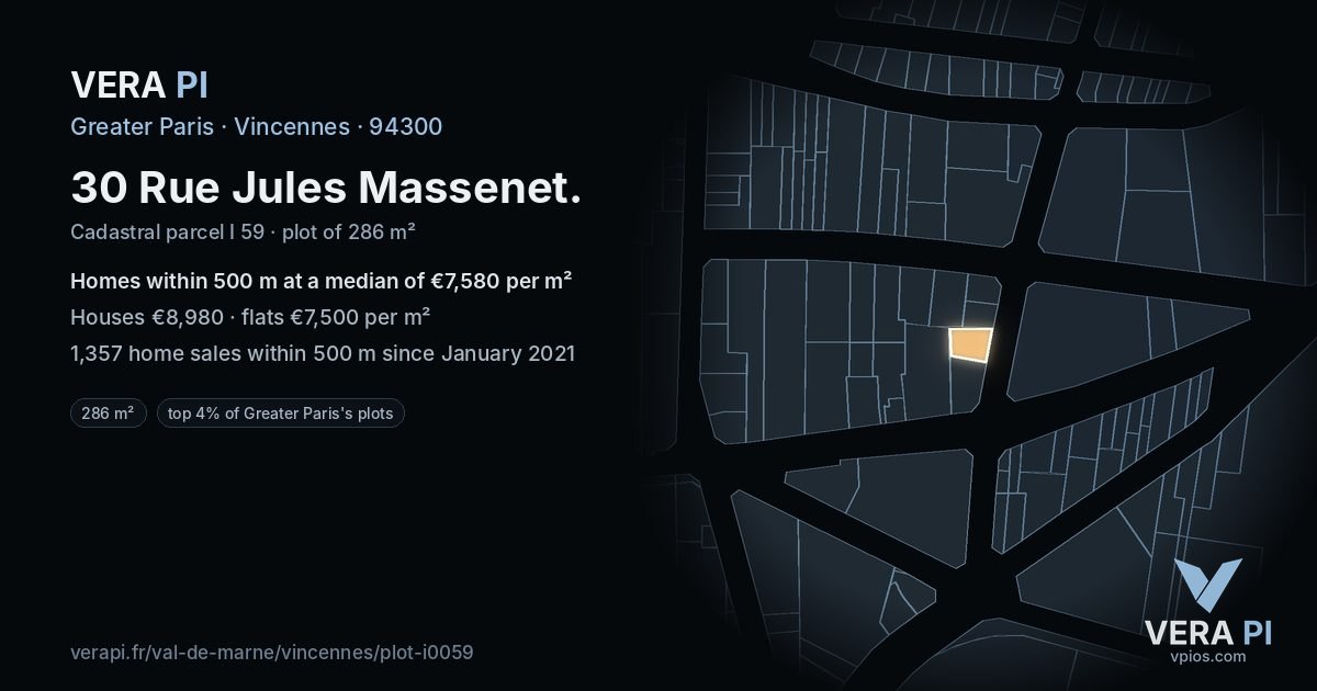 30 Rue Jules Massenet, Vincennes at night – the plot lit, the parcels around coloured by the prices near them