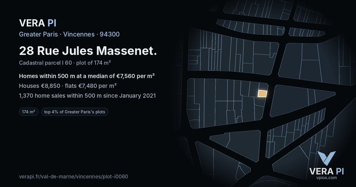 28 Rue Jules Massenet, Vincennes at night – the plot lit, the parcels around coloured by the prices near them