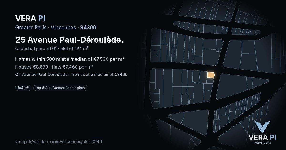 25 Avenue Paul-Déroulède, Vincennes at night – the plot lit, the parcels around coloured by the prices near them