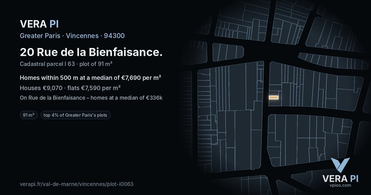20 Rue de la Bienfaisance, Vincennes at night – the plot lit, the parcels around coloured by the prices near them