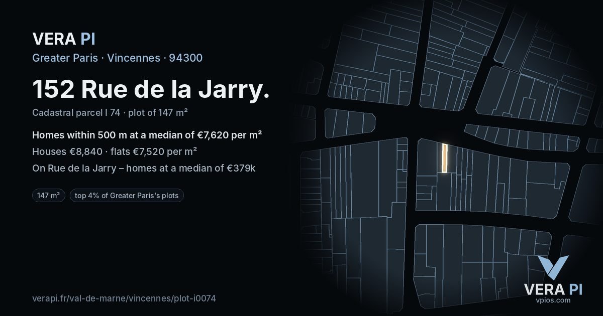 152 Rue de la Jarry, Vincennes at night – the plot lit, the parcels around coloured by the prices near them