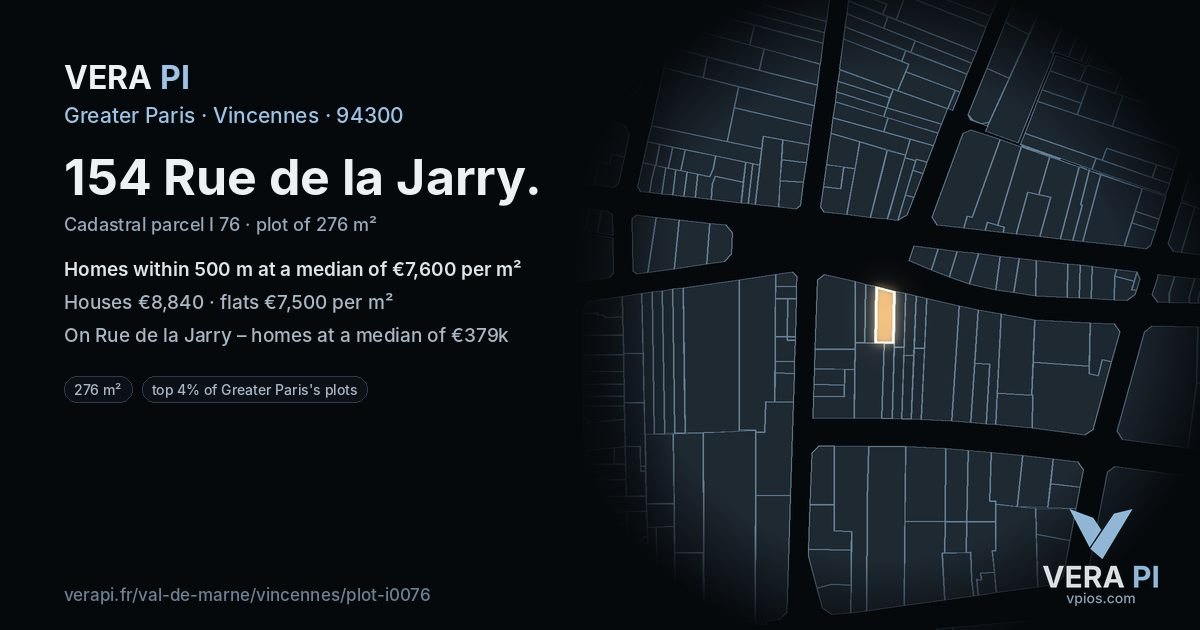 154 Rue de la Jarry, Vincennes at night – the plot lit, the parcels around coloured by the prices near them