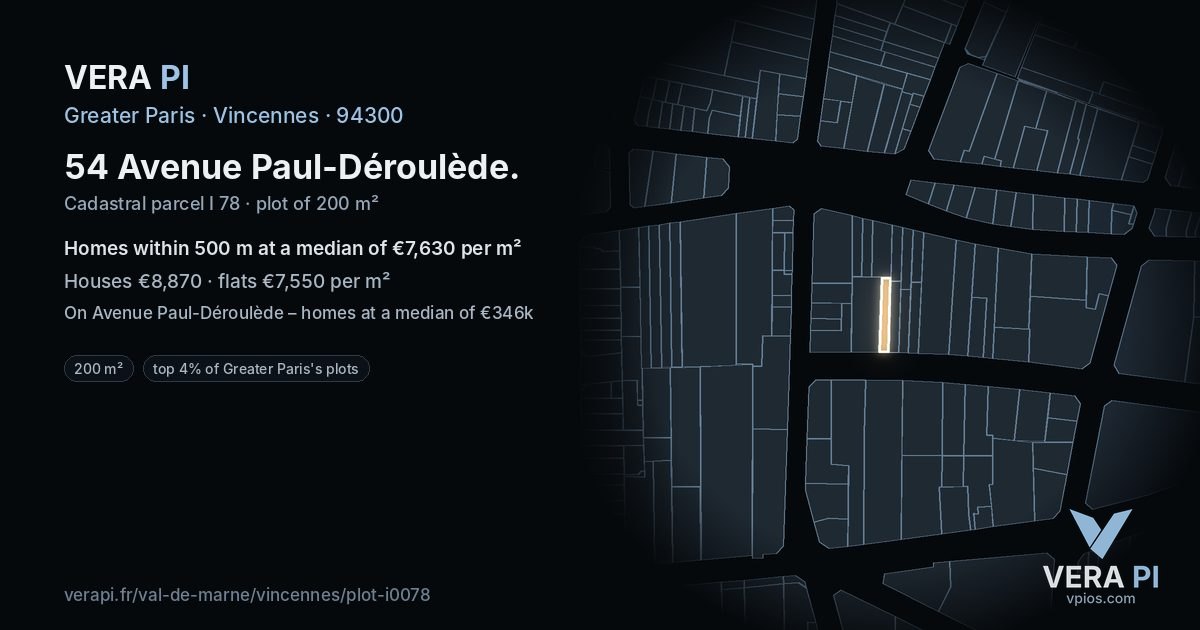 54 Avenue Paul-Déroulède, Vincennes at night – the plot lit, the parcels around coloured by the prices near them